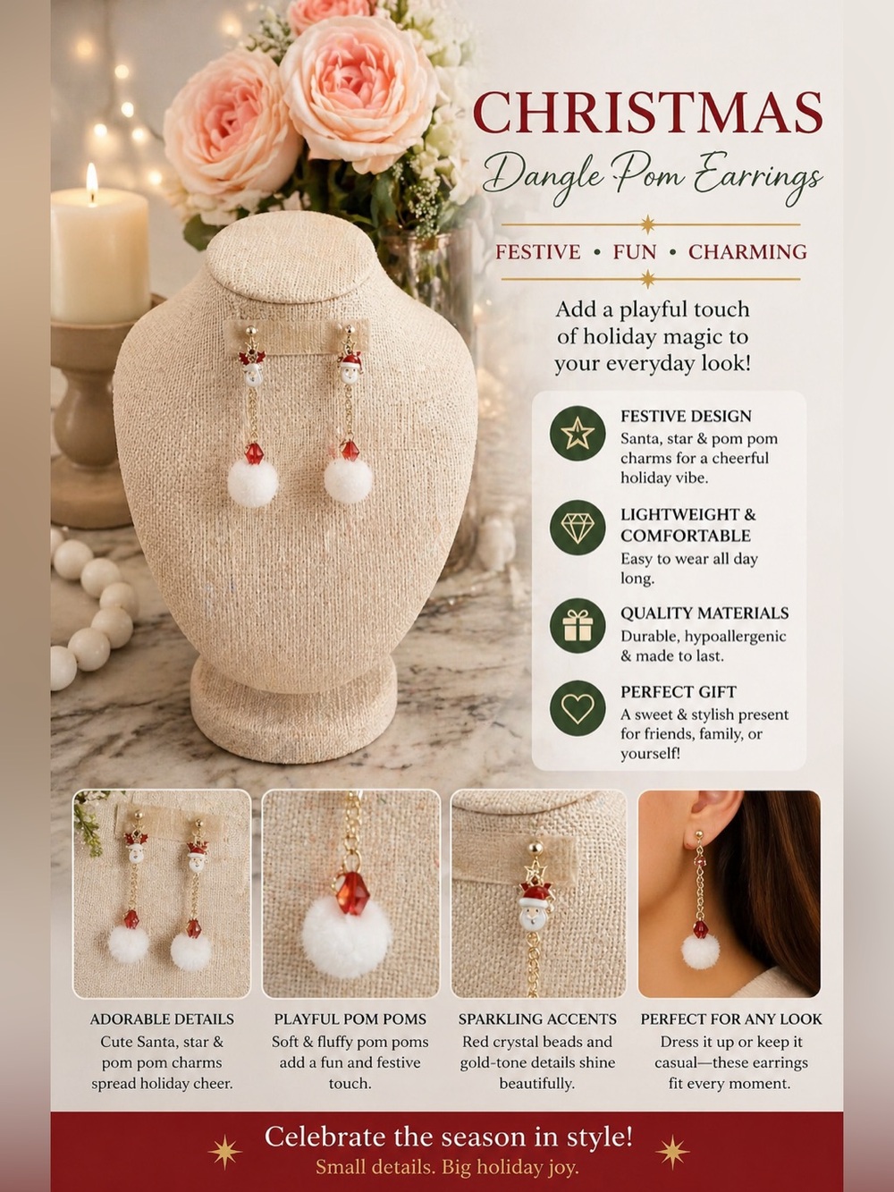 Christmas Dangle Pom Earrings